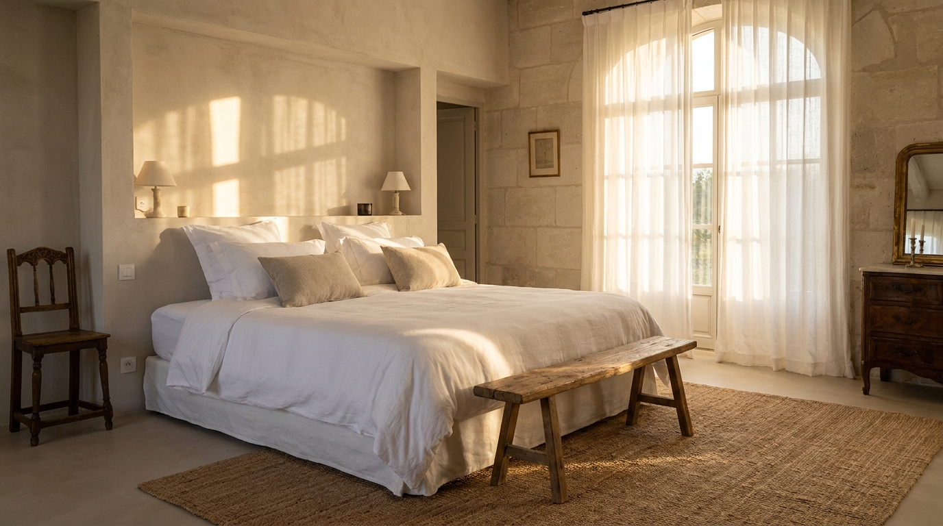 Chambre sereine avec lumière dorée
